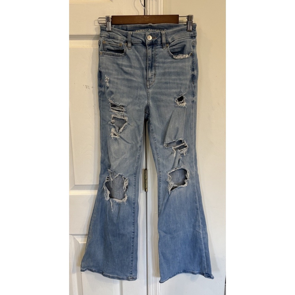 American Eagle Next Level Stretch High Rise Flare Women's Jeans Sz 2 Distressed
